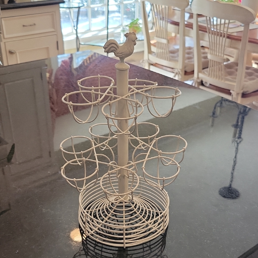 Vintage French Chicken Wire Egg Holder Stand -Cream Metal Rooster, Easter